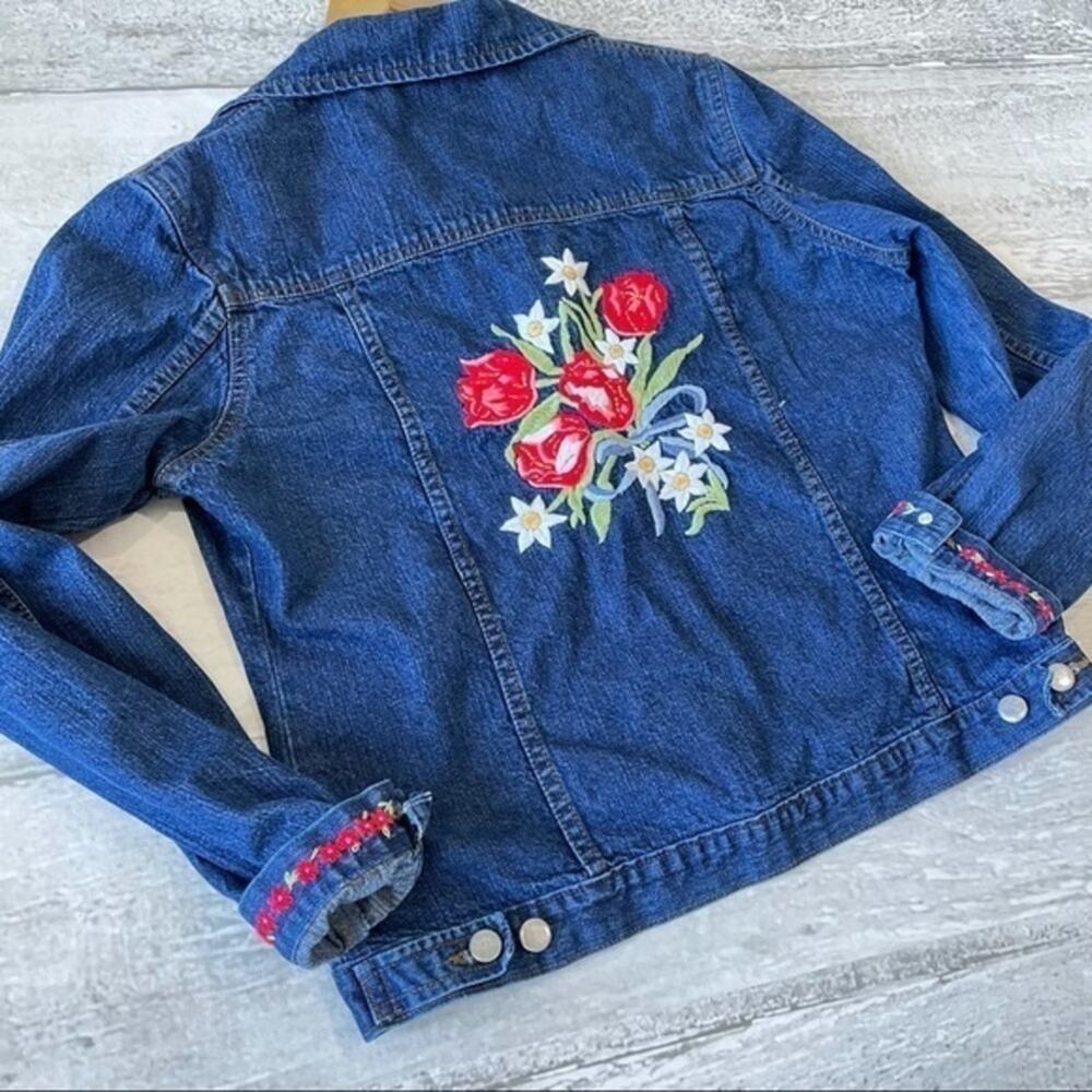 Vintage Denim Trucker Jean Jacket Floral Embroidery Cottagecore Large Flowers